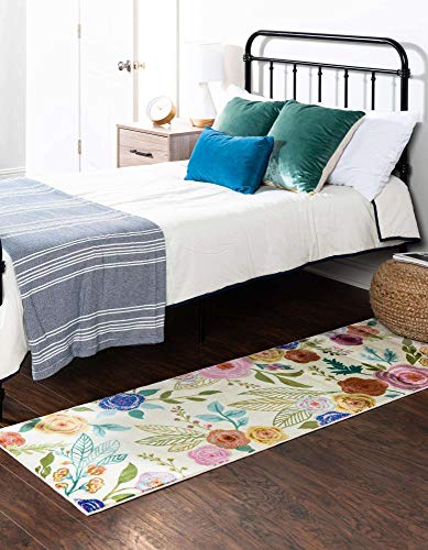 Unique Loom Blossom Collection Area Rug - Ashley (2' x 8' Runner, Ivory/ Light Blue)