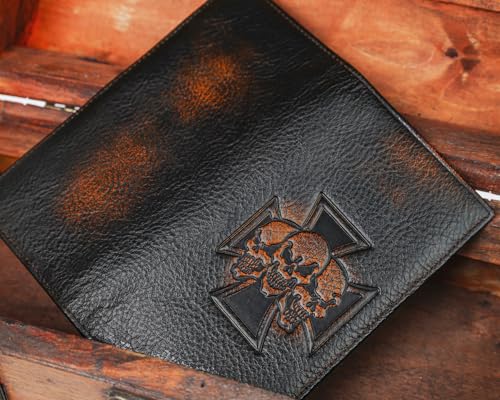 Image of DK86 Skull Long Wallet For Men Full Grain Leather with Hand Burnished Rfid Blocking Rodeo Wallet Bifold Wallet Skull Wallet C