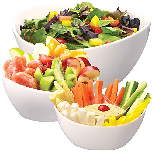 3 Piece Serving Bowl Set – Elegant White Porcelain Salad Bowls For Fruit, Salad, Pasta And Soup - Food Server Display Dishes For Party Or Display - 24 Oz. 34 Oz. And 44 Oz. - By Décordine #TOP1