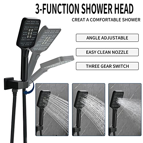 Grifos para bañera con montura en pared con cascada y rociador, juego de grifo para bañera y ducha con kit de recorte de válvula en acabado negro mate miniatura 3