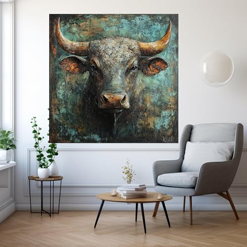 Toile taureau rustique décoration murale tête de taureau et tableau toile animalière ferme - 3