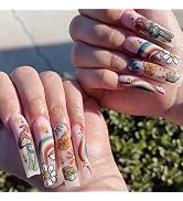 24Pcs Coffin Press on Nails Long Ballet, Fake Nails for Women with Matte Colorful Flower Mushroom...