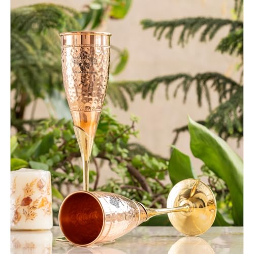 Image of INDIAN ART VILLA Copper Designer Champagne Glass with Brass Stand Set of 2 in Velvet Gift Box, 150 ML Each, Hammered Copper Flutes for Champagne, Cocktails, Parties, Weddings & Luxury Gifting