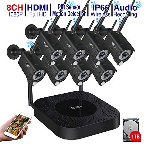 (PIR Bewegungsmelder+Videoaufnahme) Tonton Full HD 1080P Wireless Überwachungskamera System 8CH 1080P WLAN NVR mit 8 HD 2MP Outdoor Funk WLAN