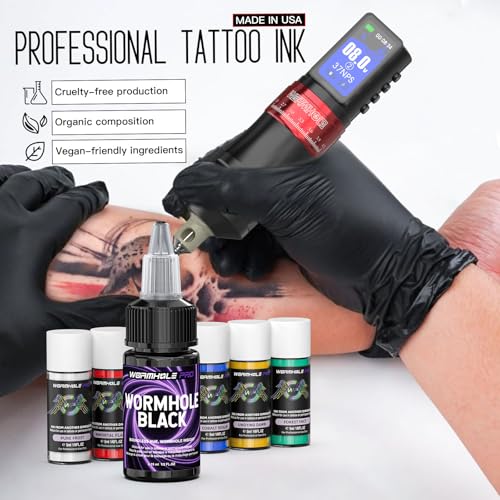 Image of 2300mAh Battery Wormhole Tattoo Gun Kit Professional Tattoo Machine with 7 Adjustable Stroke Tattoo Ink Tattoo Blue Soap, Complete Tattoo Kit, Wireless Aluminum Alloy Tattoo Pen WTK457