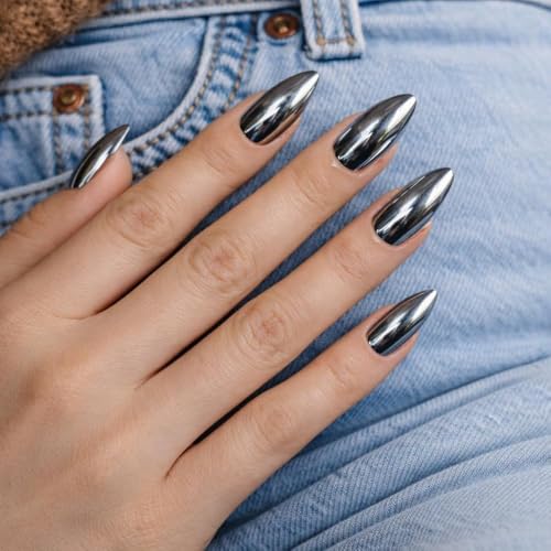 Image of 24 Pcs Reusable Artificial Nails Fake Nails with Glue and Kit|Liquid Silver Ultra Gloss Press On Nails | ABS Material UV Protected Long Lasting Finish |Medium Almond Nails with Glue (Silver - Stiletto)