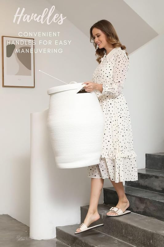 Image of Large Basket Natural Cotton Rope Storage Basket and Hamper for Cloths and Multi Usage in Living Room, Bedroom, Laundry Room (Size - 15 inch x 15 inch x 18 inch) (White With Lid)
