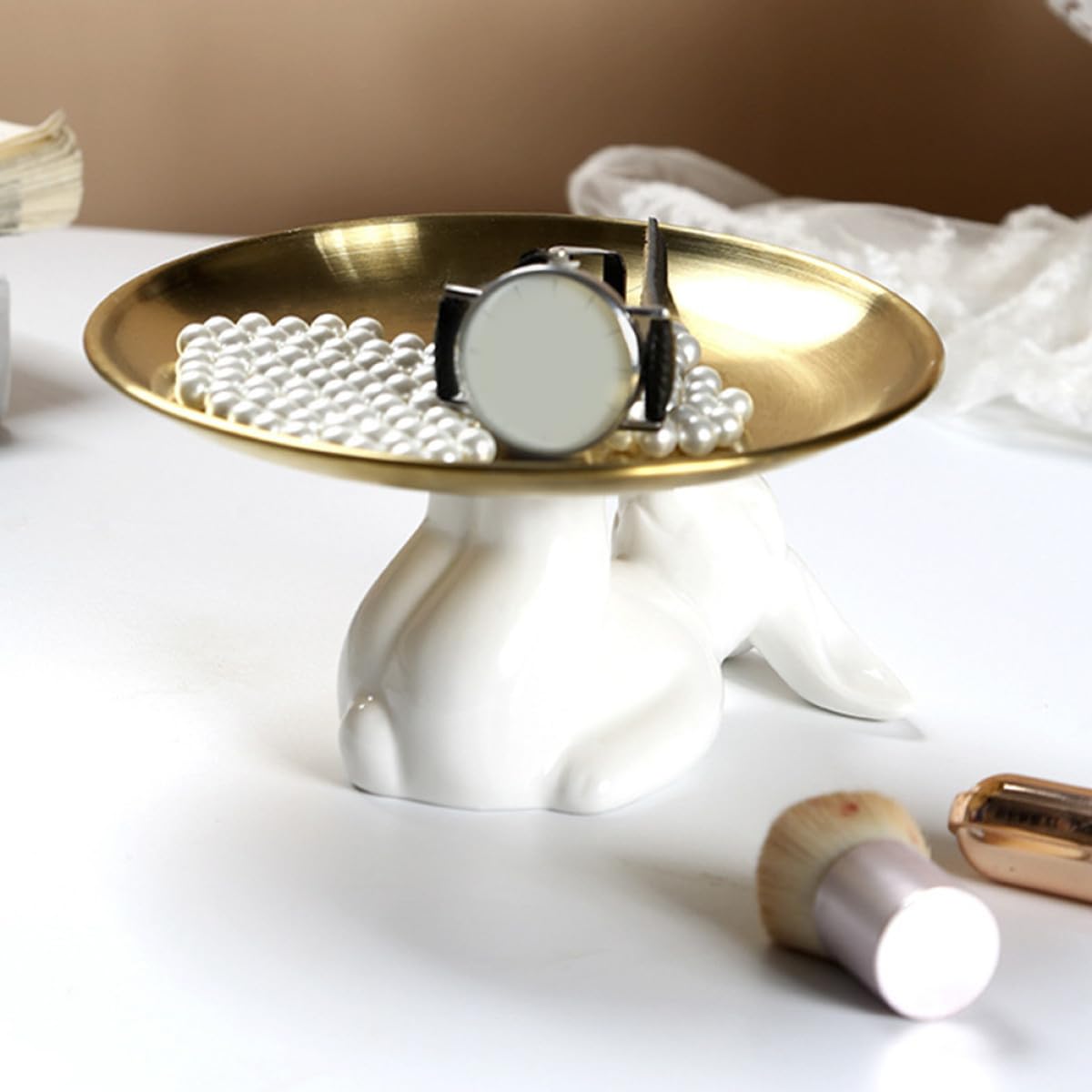 SECFOU Vassoio per Dolci in Acciaio Inox e Ceramica con Coniglio, Bianco
