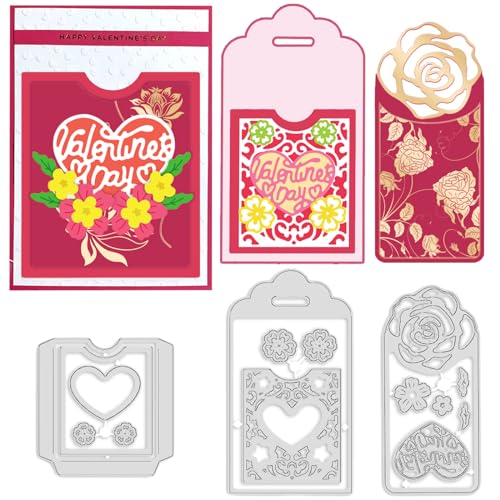 ORIGACH Valentine's Day Stitched Slots Pocket Die Cut Set for Paper Crafting Heart Background Metal Cutting Dies Embossing Stencils Template for DIY Scrapbooking Decorative Paper Card Making