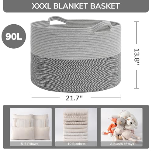 Image of INDRESSME Extra Large Laundry Basket, Cotton Rope Blanket Basket for Nursery Living Room, Decorative Woven Storage Basket with Handles for Dirty Clothes, Toy Bin For Dog Toys, 21.7 x 13.8 inches, Grey