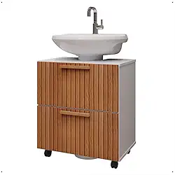 Gabinete Com 4 Rodinhas Armário De Banheiro Para Pia De Coluna Duas Portas Puxador Madeira(Branco Ripado)