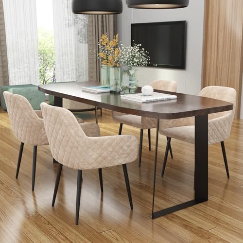Chleby Juego de 4 Sillas de Comedor de Terciopelo Elegante Con Patrón de Diamante, Respaldo y Reposabrazos - Gran Sillón de Salón y Cocina Con Patas de Metal Beige
