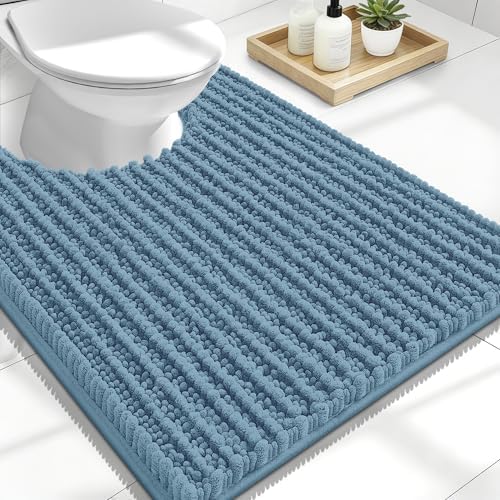 OLANLY Chenille Bath Rugs and Toilet Rugs U-Shaped, Thick Soft and Absorbent, Bath Rug Size 70x46 and Toilet Rugs Size 24x20 in Airy Blue, 2 Item Bundle