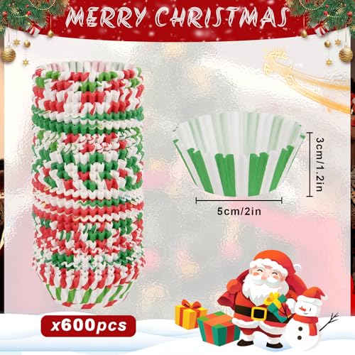 Image of 600 Pack Christmas Candy Cupcake Liners Wrappers Baking Cups Santa Holiday Paper Wraps Muffin Liners for Xmas Birthday Party Candy Cake Decorations Supplies(12 Styles)