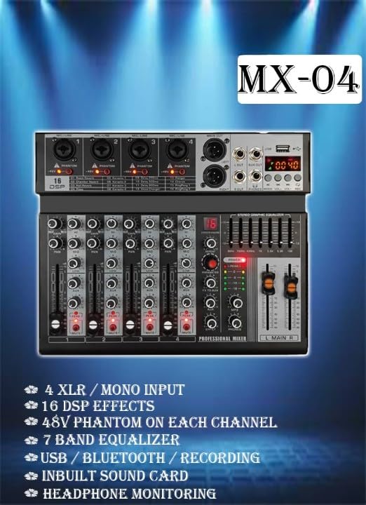 kh 4 Channel Professional Audio DJ Mixer Built-In EQ/16DSP/Recording Mode Reverb Bluetooth/PC/USB/MP3 Playback Concert Karaoke Home Singing Live Audio Equipment 48V Phantom Power For Each,Black - Image 9 thumbnail