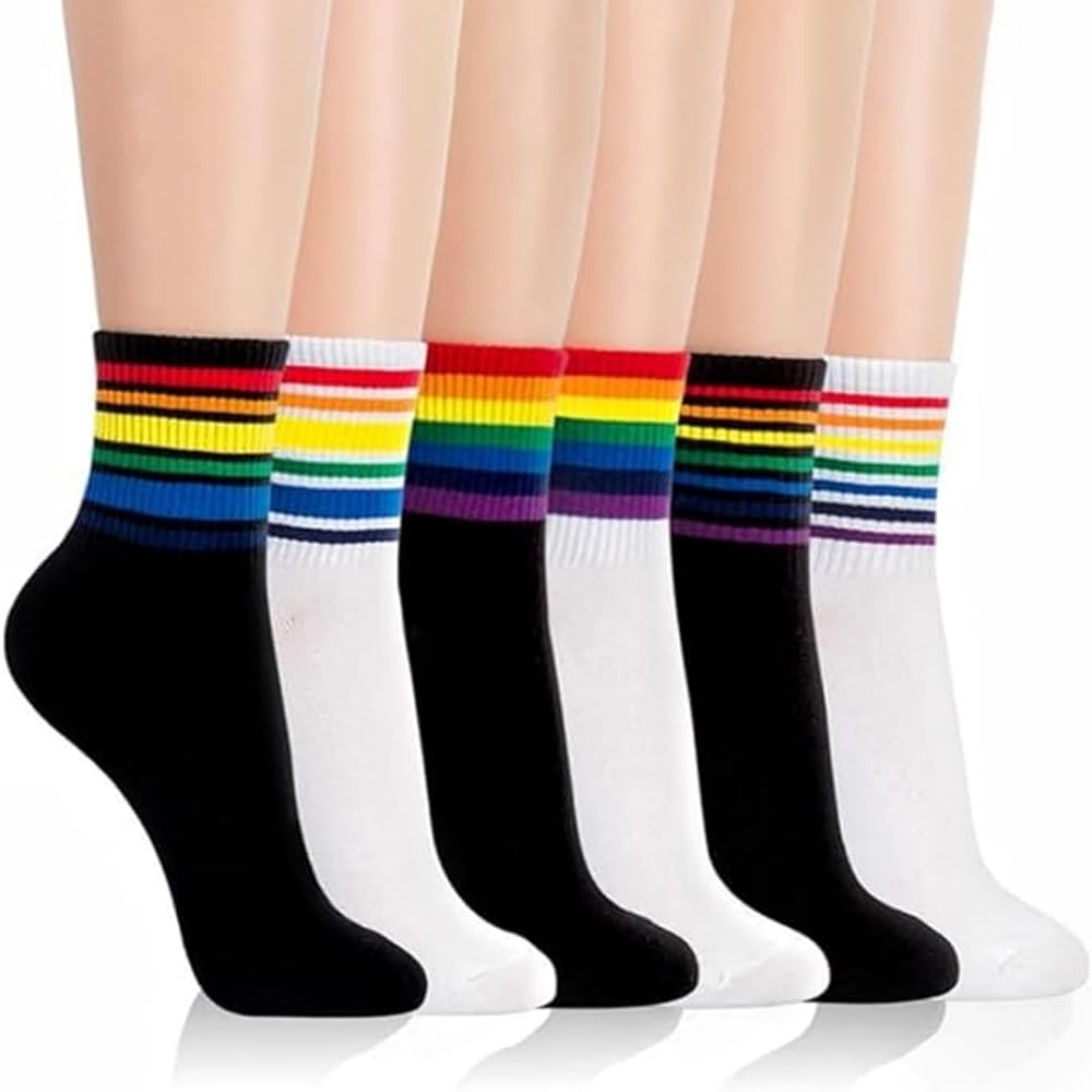 Skarpety z tęczą, 6 par skarpet ze wzorem, bawełna LGBT, skarpety damskie, kolorowe paski, tęczowe dla mężczyzn i kobiet, w paski, Pride Month Gay, skarpety do LGTBQ, biały, czarny., 35-41 EU