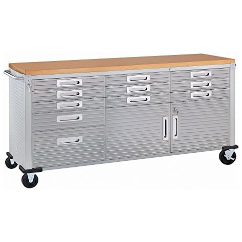 Seville Classics UltraHD Heavy Duty Rolling Cabinet Workbench Table w/Solid Wood Top, Workstation for Garage, Warehouse, Office, Workshop, 77" W x 20" D x 37.5" H, Granite, 11-Drawer Cover