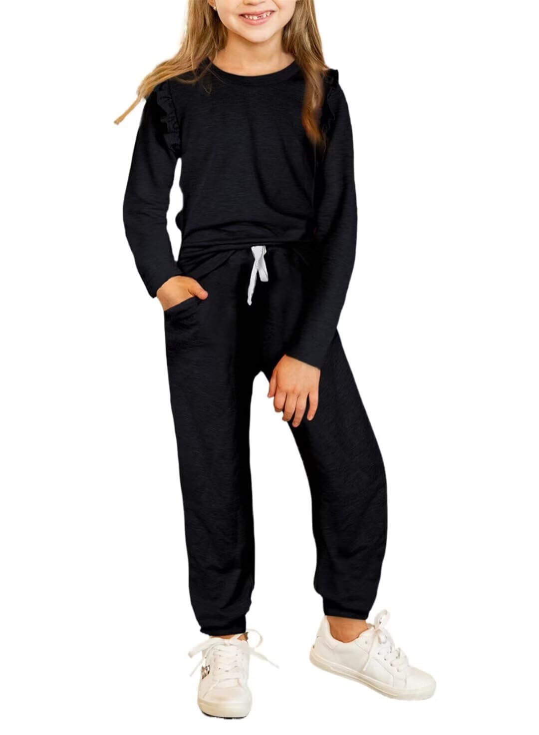 DOKOTOO KIDS Tween Girls Fashion 2 Piece Outfit Ruffle Long Sleeve T Shirt and Casual Stretch Drawstring Pants Set