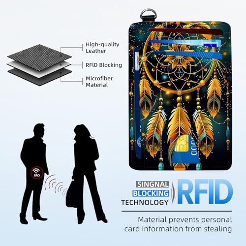 Slim Front Pocket Wallet for Women, RFID Blocking Credit Card Holder Wallet with Detachable Wrist Strap, Thin Card Case ID Window Small Card Holder for Unisex, Dreamcatcher Feathers3