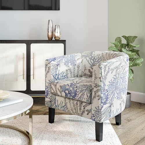 BELLEZE Living Room Chair, Linen Round Accent Barrel Chair, Club Tub Sofa Chair for Bedroom, Corner Chair with Flared Legs and Cozy Soft Padding - Highland (Blue Coral)