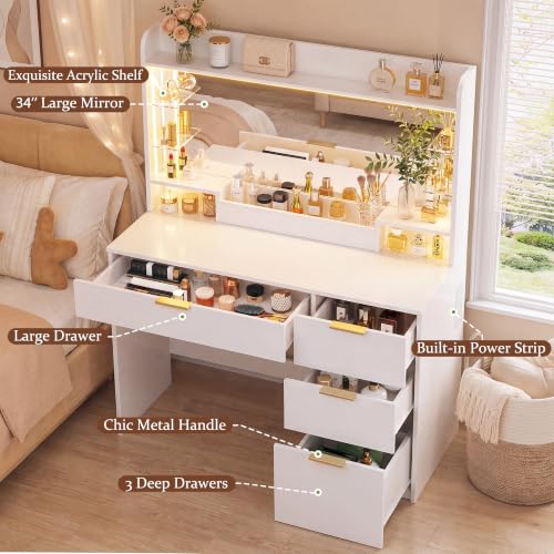 Image of HUAHUU Vanity Desk with Large Mirror, 35.4 inch Makeup Vanity with LED Lights | White Vanity Table with HD Mirror, 3 Color Lights, Makeup Desk with 4 Drawers & 4 Shelves & 3 Makeup Trays, Power Outlet