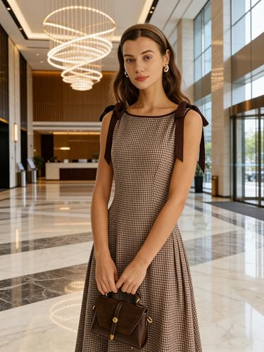 Image of RIHOAS Women's Plaid Gingham Dress Summer Midi Dresses for Women 2026 | Cute,Boat Neck,Bow Tie,A line,Vintage,Sleeveless,Spring,Winter,Casual Daily,Picnic,Travel,Vacation,Christmas Festive Occasion
