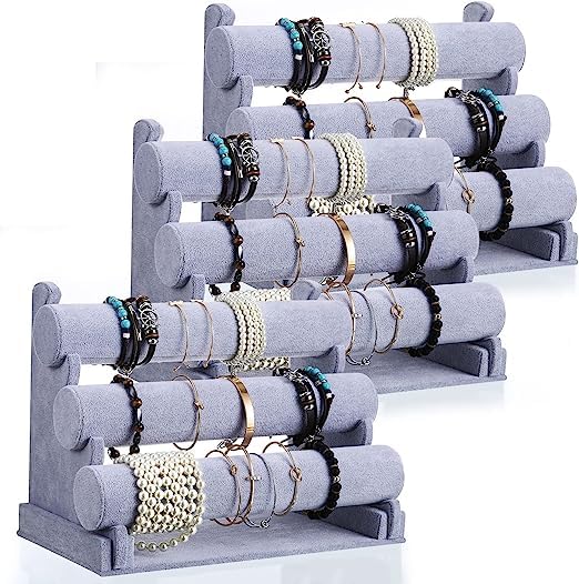 Image of 3 Roll Velvet Bangle Stand Wooden Jewellery Display Stand (Grey)