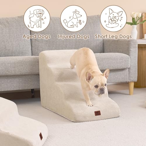 EHEYCIGA Hundetreppe für Kleine Hunde 50 cm Hoch, Haustiertreppe für Sofa Bett, Treppe für Hunde aus Hochdichtem Schwamm, Hunderampe mit Waschbarem Bezug und Rutschfestem Boden, 4 Stufen, Beige