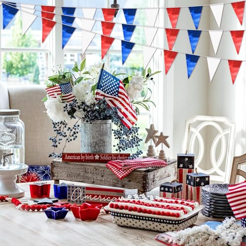 Image of 65FT White Blue Red Glitter Triangle Pennant Banner Flag Metallic Bunting Fabric Garland for Christmas Graduation, Independence Day, 4th of july, Patriotic Themed Party Decoration