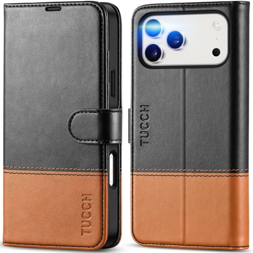 TUCCH Wallet Case for iPhone 17 Pro Max (6.9') 2025, RFID Blocking 4 Card Slots, Kickstand, Shockproof TPU Shell, PU Leather, Magnetic Closure, Protective Flip Folio Cover, Black & Brown