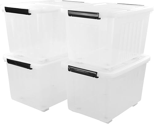 Xyskin Contenedor grande de almacenamiento con tapa de hebilla hacia abajo, contenedor organizador de almacenamiento de plástico transparente con