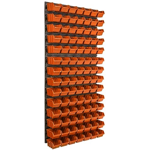 Etagere murale 98 bacs a bec oranges, panneau murale 58 x 117 cm Etagere empilable pour garage, atelier, banc de travail, systeme de rangement modulable, fixer au mur