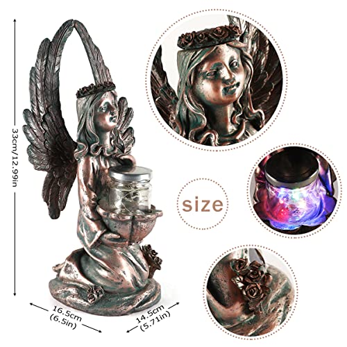 Mibung Solar Angel Statue With Led Firefly Lights Glass Jar, Bronze Garden Fairy Angel Girl Decor Garden Guardian Figurine Outdoor Patio Lawn Yard Decorations, Halloween Christmas Ornament Gift #TOP1