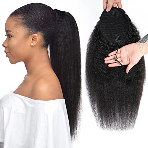 Kinky Straight Ponytail Extensions Human Hair Wrap Drawstring Adjustable Clip In Pony Tail Yaki Curl Natural Black (14")