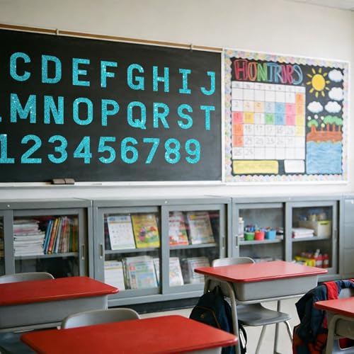 Image of Vuzvuv 295 Pcs Glitter Bulletin Board Letters and Numbers, 4 Inch Classroom Decor with Adhesive Points, Alphabet Cut Outs for School Display (Turquoise Blue)