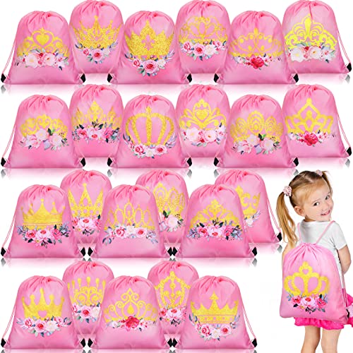 Sweetude 24 bolsas de regalo de fiesta de princesa, corona de princesa, pequeñas bolsas de cordón rosa, decoración de recuerdos para niñas, niños, cumpleaños, boda, decoración de fiesta