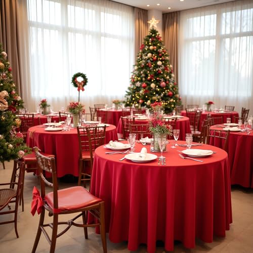 Image of sancua Christmas Red Round Tablecloth 108 Inch Diameter, 6 Pack - Circle Polyester Fabric Table Cloth for Wedding Party Reception Banquet Birthday, Washable Formal Table Cover (Fit 42-96 Inch Tables)