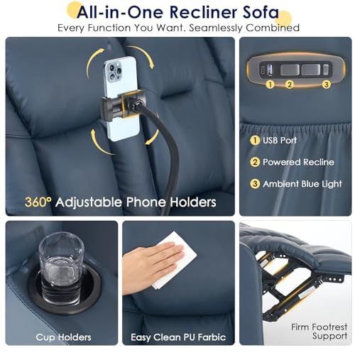 Image of Redlife Power Loveseat Recliner Sofa with Console, PU Leather Dual Reclining Couch with Blue LED Lights, Bluetooth Speakers, USB Ports, Phone Holders, Home Theater & RV Recliner (Blue)