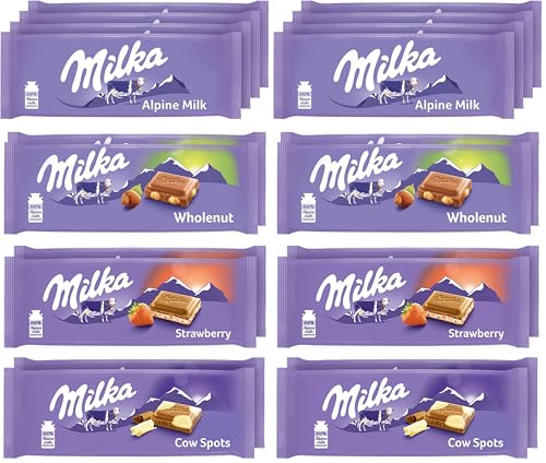 Image of Milka European Chocolate Bars Variety Pack, Alpine Milk Chocolate, Cow Spots, Strawberry & Wholenut Hazelnut, 3.52 oz Bars, 10 Count (Pack of 2)