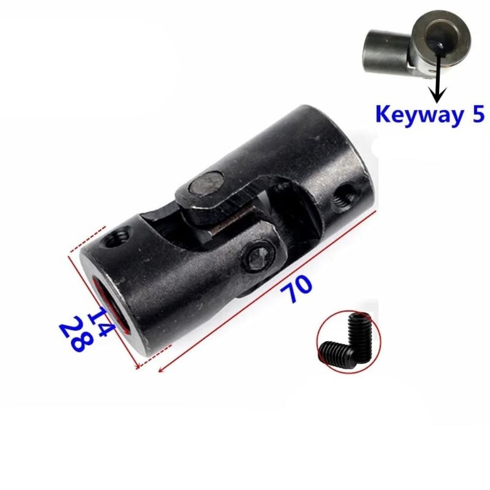 Uniwersalne sprzęgło wału kardana, otwór wewnętrzny 14 mm z rowkiem wpustowym 5 mm, długość 70 mm, 60 mm, przegub kierowniczy w kształcie litery U, regulowany wał (28 x 60 mm)