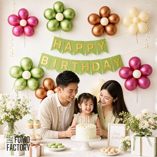 Image of The FOMO Factory 8 Pcs Flower Balloon Clips + 50 Chrome Metallic Balloons with lime green HBD Banner - Earthy Jungle Theme Birthday Decoration Items for Kids, & Events (EarthyFC)