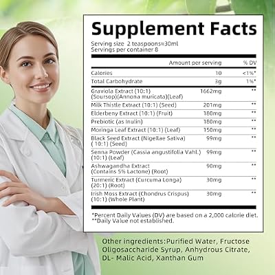 Soursop Bitters Liquid with Black Seed, Turmeric & Moringa-Pure 15 in 1 Herb Soursop Tea for Immune System, Digestive & Gut Health, Antioxidant,Skin Health Support 8 fl oz