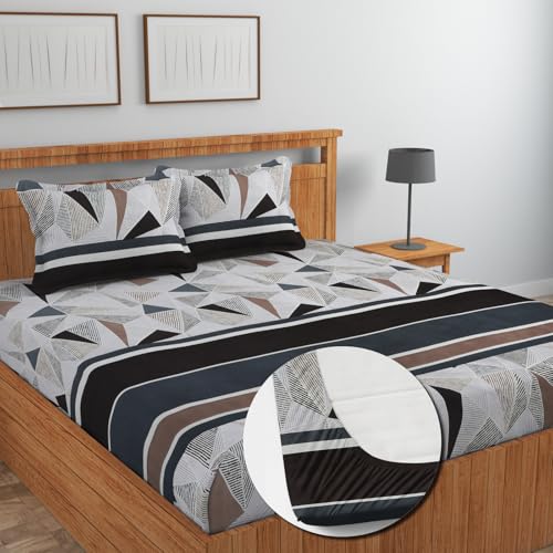 Image of NEW LEAF Cotton Fitted King Bedsheets with 2 Pillow Covers | Elastic Fitted | Wrinklefree | Ultrasoft |Winter Bedsheet 200 to 220 tc Floral | 78x72+8 Inches, Abstract White Black
