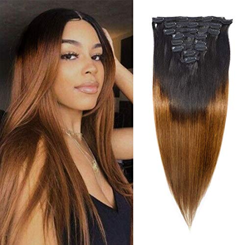 Ombre Clip in Hair Extensions Straight Human Hair 130g 100% Human Hair 8Pcs Total of 18 Clips #1B/30 Brown Hair Extensions for Black Women Hair (16 Inch, 1B/30 Brown）