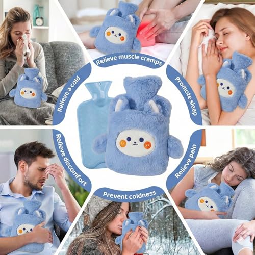 Image of Bunny Hot Water Bottle with Plush Cover & Hand Warmer Pocket 1000ML Leak-Proof Heating Bag for Pain Relief & Period Cramps, Hot & Cold Therapy for Injury, Back & Joint Pain, Muscle Relaxation (Baby Blue)
