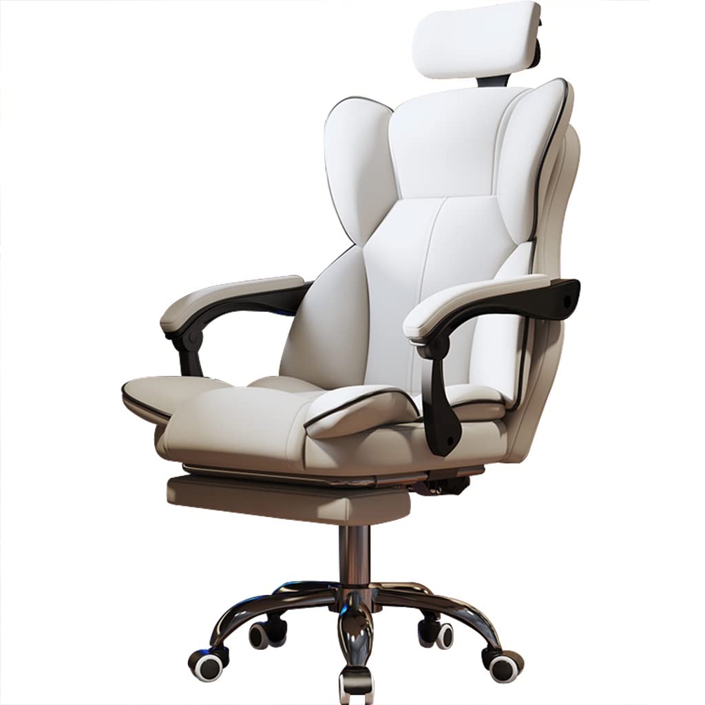 Ergonomic Office Chair Adjustable headrest Home Comfort Gaming Armchair Telescopic Foot high Back boss Chair, Load-Bearing 100kg(White)