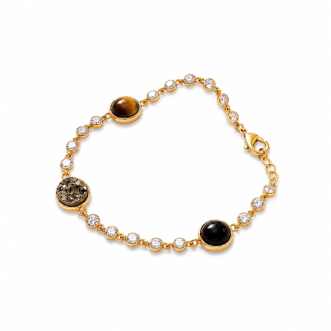 Power Trinity Bracelet | Natural Obsidian, Pyrite & Tiger Eye Stones | Gold-Plated Adjustable Cuff for Men & Women-image-23