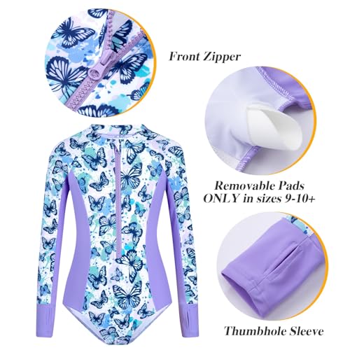 HOZIY Cute One Piece Swimsuit for Teens Size 12-14 Long Sleeve Rash Guard Two Piece Modest Bathing Suits Kids Beach Swimwear Purple Butterfly — view 3