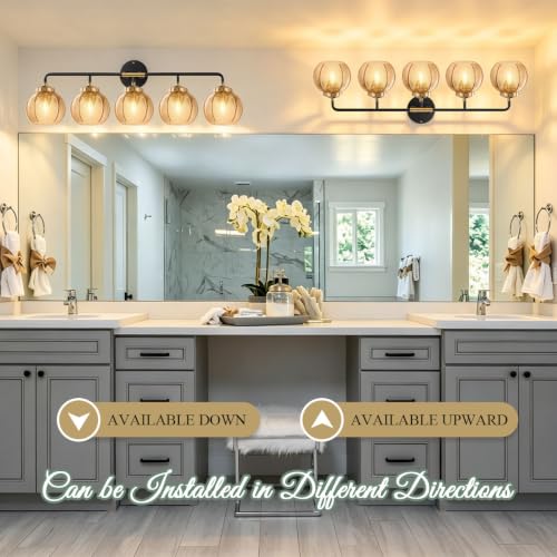 Image of 5 Light Glass Globe Wall Sconces Amber Modern Vanity Light Fixtures