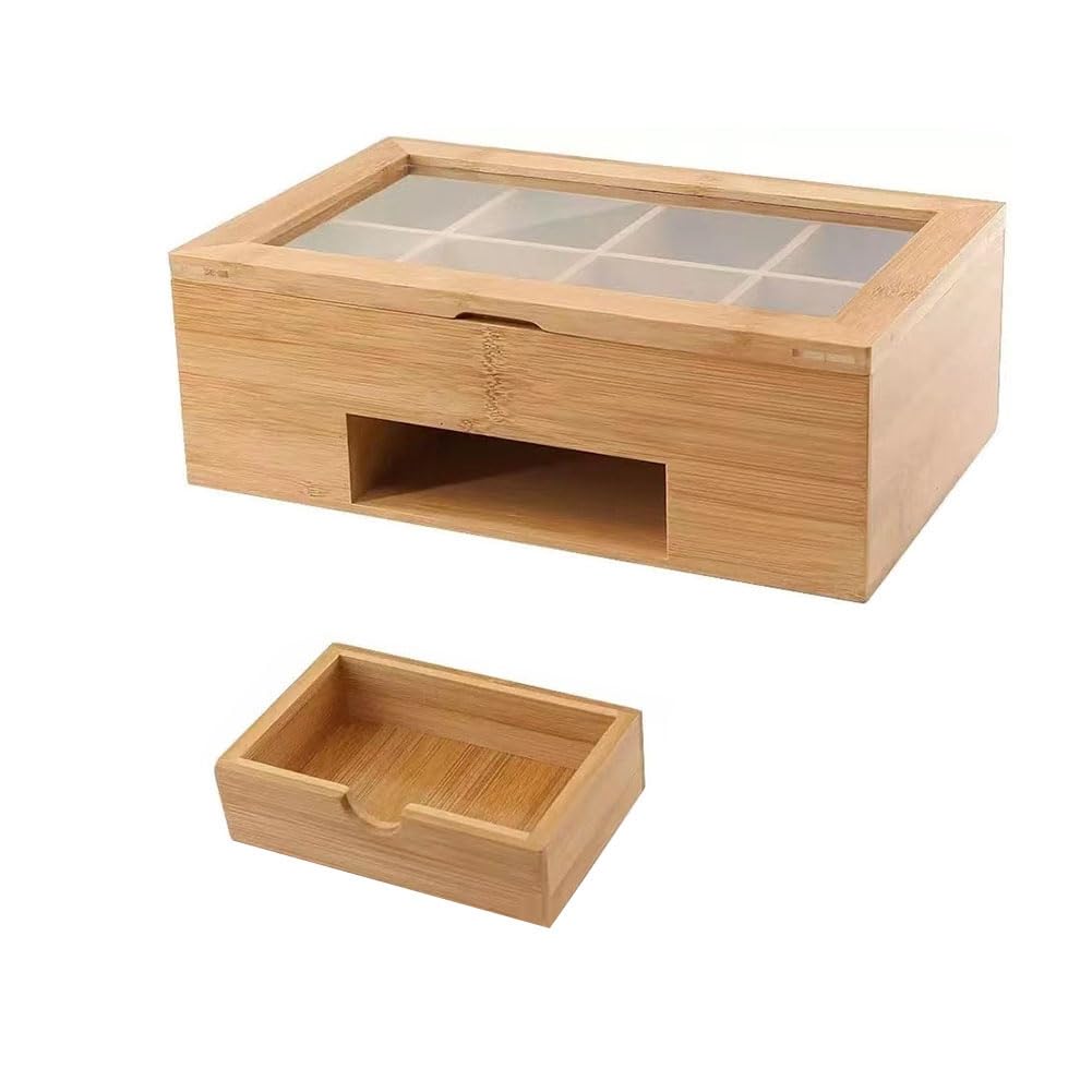 IJSDNVJNDX Bamboo Tea Holder Organizer Bamboo Tea Bag Organizer Tea Box Organizer Storage Box Tea Bags Organizer Chest Storage with Drawer, Tea Bag Box for Coffee Teabgs Countertop Display